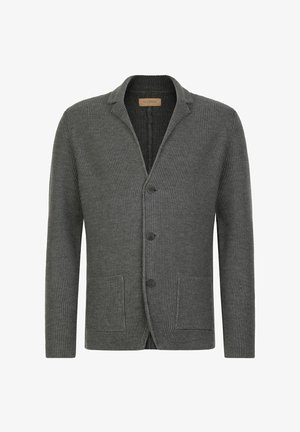 Dunkelgrauer, gerippter Strickcardigan mit Reverskragen, fünf Knopfverschluss und zwei Vorderfronttaschen. Weicher Stoff, lässige Passform.