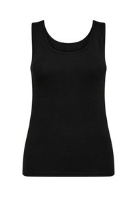 Sort ærmeløs tanktop med rund udskæring, lavet af et glat, strækbart stof. Har en tætsiddende silhuet og lige kant.