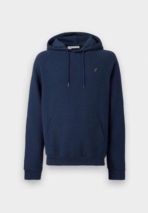 Marineblauer, gerippter Hoodie mit Kängurutasche vorne, Kapuze mit Kordelzug und kleinem gesticktem Emblem auf der linken Brust.