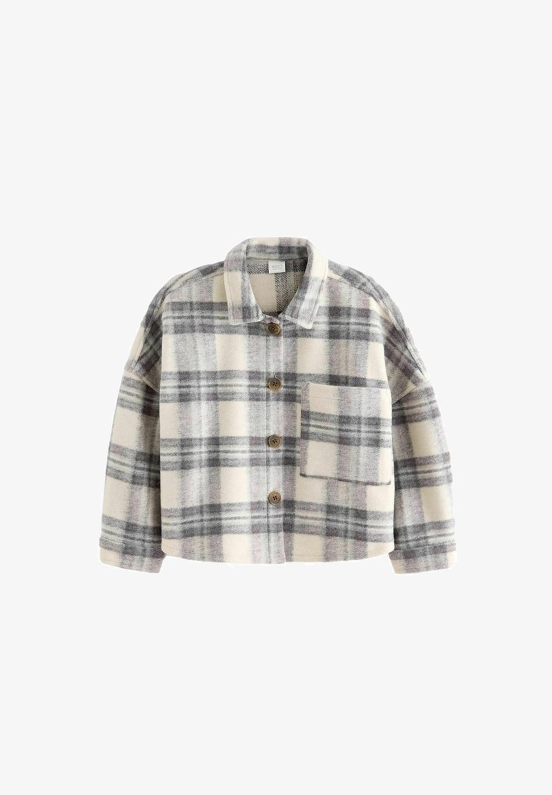 Giacca button-up a quadri in crema, grigio e viola chiaro. Realizzata in morbido tessuto testurizzato, con tasca sul petto e colletto arrotondato.