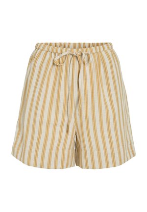 Pantalones cortos beige con rayas verticales en mostaza, cinturilla elástica y cordón delantero para atar, hechos de tela ligera.