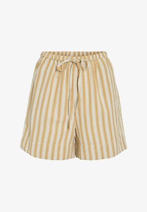 Pantaloni scurți bej cu dungi verticale galben muștar, talie elastică și șnur frontal cu nod, confecționați dintr-un material ușor.