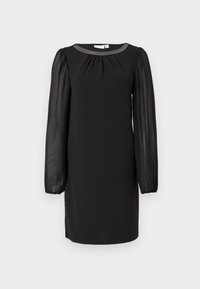 Black knee-length dress with sheer long sleeves and a beaded neckline detail, displayed on a plain white background.