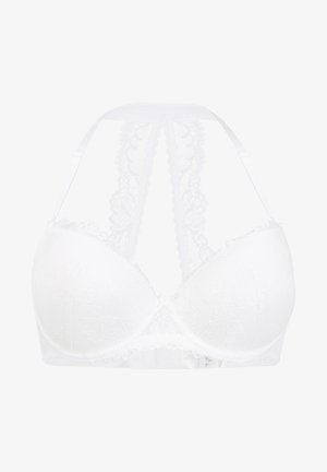 Witte kanten beha met een gevormd ontwerp, voorzien van een decoratieve kanten rug en verstelbare bandjes; gladde textuur met subtiel bloemenpatroon.