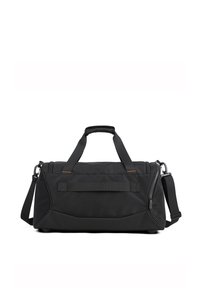Borsa a secchiello nera realizzata in tessuto resistente, dotata di manici superiori doppi, una tracolla regolabile e un compartimento con zip.