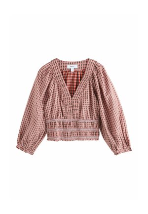 Bluză maro deschis cu model, mâneci lungi bufante, decolteu adânc în V, talie strânsă și accente din material adunat.