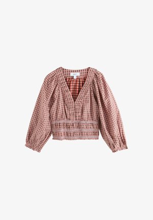 Helepruun mustriline pluus pikkade põllelõikeliste varrukatega, sügava V-kaelusega, tuttidega vöökohaga ja kogutud kangastega aktsentidega.