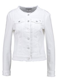 Giacca in denim bianco con maniche lunghe, orlo sfilacciato, colletto classico, tasche frontali e bottoni in tono argento, caratterizzata da una trama liscia.
