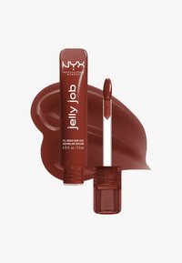 NYX Professional Makeup Jelly Job full-bodied shine lip gloss in deep brown, with applicator wand and gloss smear background.