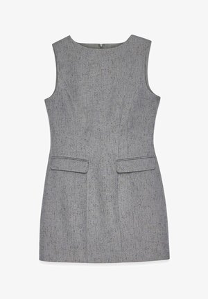 Varrukateta hall kleit tekstuuriga kangast, millel on ümmargune kaelus, kaks eesmist taskut ja juurdehoidvad siluetid.