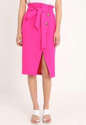 Pink linen midi skirt with a tied waist, front slit, and button details. Features a structured design and smooth texture.