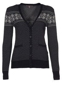 Mörk cardigan i stickad tyg, med V-hals, knäppning, fickor och ett kontrasterande vitt geometriskt mönster på bröstet.