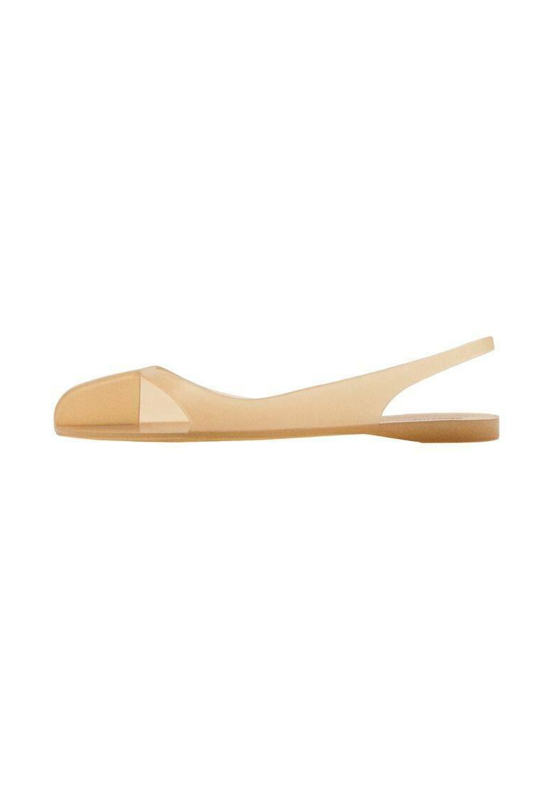 Translucent beige flat sandal with a pointed toe, open back, and minimalistic design. Made of flexible material and features a smooth texture.
