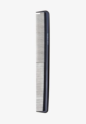 Black plastic comb with a long, narrow design. Features fine and wide teeth, with straight edges and a smooth texture. Logo printed on side.
