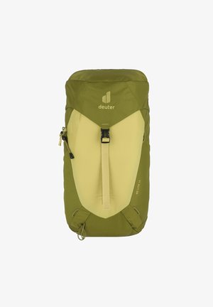 Green backpack with a lighter green front panel. Features include a top flap, adjustable strap, and logo at the top. Made of durable material.
