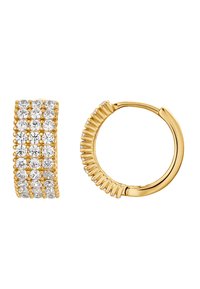 Goldene Creolen mit strukturiertem Design und klaren Kristallen, die in Reihen gefasst sind. Eine Creole hat ein glattes Finish, die andere hat eine gerippte Kante.