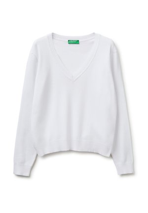 Maglione bianco a maniche lunghe con scollo a V, polsini e orlo a coste, con etichetta verde "United Colors of Benetton" all'interno del collo.