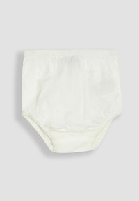 Witte katoenen bloomers met een elastische tailleband, geplooide zijkanten en een gladde textuur. Eenvoudig ontwerp zonder patronen of extra accenten.