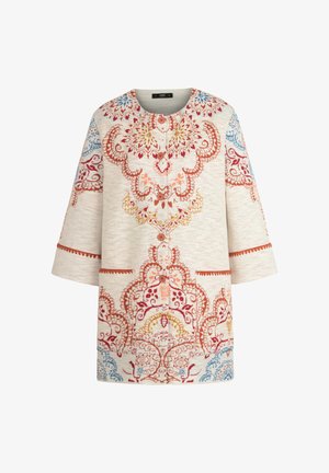 Béžový kabát na gombíky so širokými rukávmi zdobený komplikovanými červenými, oranžovými, žltými a modrými kvetinovými a geometrickými výšivkami.