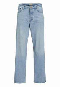 Jean en denim bleu clair avec une coupe droit, fermeture à bouton et cinq poches. Texture lisse avec un minimum de décoloration.