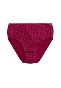 Bóxer de algodón burdeos con lunares blancos, con un borde de encaje en la cintura. Diseño de tiro alto para una cobertura completa.