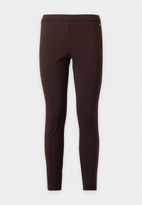Leggings marron foncé slim avec une large ceinture, fabriqués en tissu stretch lisse, présentés à plat sur un fond clair.