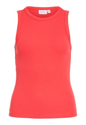 Bezrękawnik koralowy z prążkowanego dzianego materiału, z okrągłym dekoltem i dopasowanym krojem, marka VILA, rozmiar M.