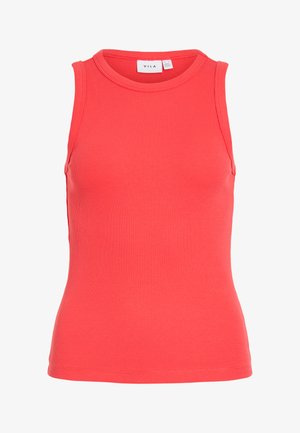 Ærmeløs koralfarvet ribstrikket tanktop med rund halsudskæring og tætsiddende pasform, mærket VILA, størrelse medium.