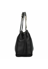 Sac seau en cuir noir avec une finition texturée, doté d'une fermeture à cordon et de deux poignées. Agrémenté d'une bandoulière contrastante.