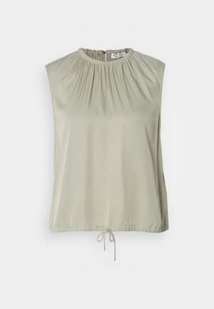 Top senza maniche di color verde chiaro, realizzato in tessuto liscio. Presenta un collo arricciato e un orlo con cordoncino per una vestibilità regolabile.