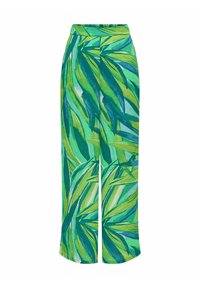 Pantaloni a gamba larga verdi con un vivace motivo fogliare in diverse tonalità di verde. Materiale leggero, vita alta, lunghezza intera e vestibilità rilassata.