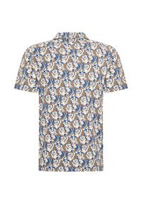Korte mouw shirt van zachte stof met een bloemenpatroon in wit, blauw en beige tinten, met een klassieke kraag en een rechte snit.