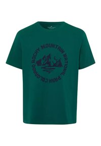 Zielona bawełniana koszulka z krótkim rękawem, z okrągłą grafiką zawierającą napis "Rocky Mountain National Park Colorado" oraz sylwetkę gór w ciemnym niebieskim kolorze.