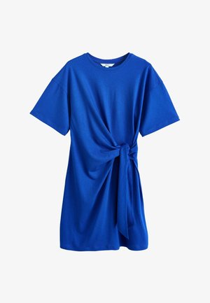 Bright blue short-sleeve dress with round neckline and side knot detail creating a gathered effect on the front.