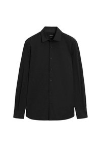 Langärmliges schwarzes Shirt mit Stehkragen, Frontknöpfen und einer glatten Stoffstruktur. Keine sichtbaren Muster oder Akzentuierungen.