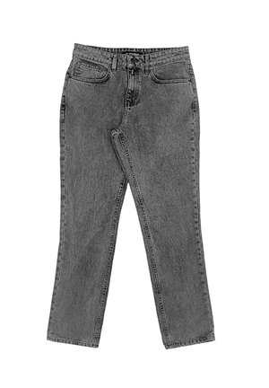 Graue Jeans aus Denim mit geradem Bein, Knopf- und Reißverschluss sowie zwei Fronttaschen mit dezenten Stickdetails.