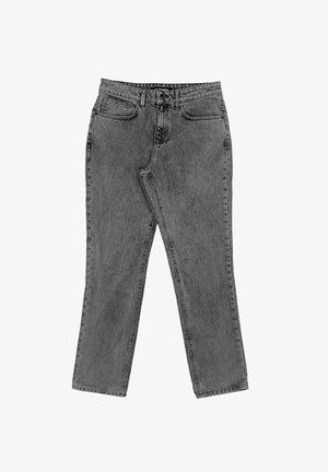 Graue Jeans aus Denim mit geradem Bein, Knopf- und Reißverschluss sowie zwei Fronttaschen mit dezenten Stickdetails.