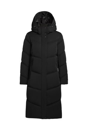Manteau en duvet noir avec capuche, présentant une coupe droite, un design matelassé et une fermeture à boutons-pression. Texture lisse, longueur genoux avec poches latérales.