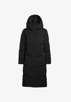 Čierna nafukovacia bunda s kapucňou, s rovný strihom, prešívaným dizajnom a zapínaním na cvoky. Hladký povrch, po kolená s bočnými vreckami.