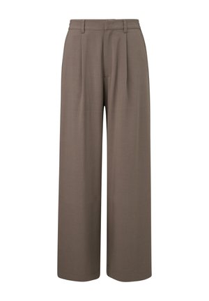 Pantalon large taille haute couleur taupe avec passants pour ceinture, plis à l'avant et fermeture éclair dissimulée.