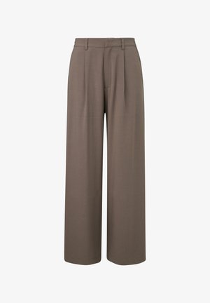 Pantalon large taille haute couleur taupe avec passants pour ceinture, plis à l'avant et fermeture éclair dissimulée.