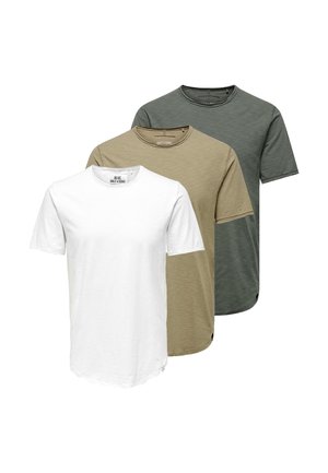 Tre ensfarvede crewneck t-shirts med korte ærmer i hvid, beige og mørkegrøn stablet diagonalt på en hvid baggrund.