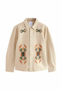 Beige shirt met een kraag en knopen, voorzien van geborduurde patronen in groen, oranje en bruin op de borst en de mouwen.