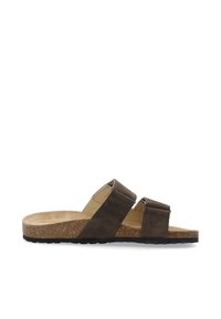 Sandalia de verano de ante marrón, tipo slip-on, con dos correas anchas, plantilla de corcho, suela de goma texturizada y diseño minimalista.