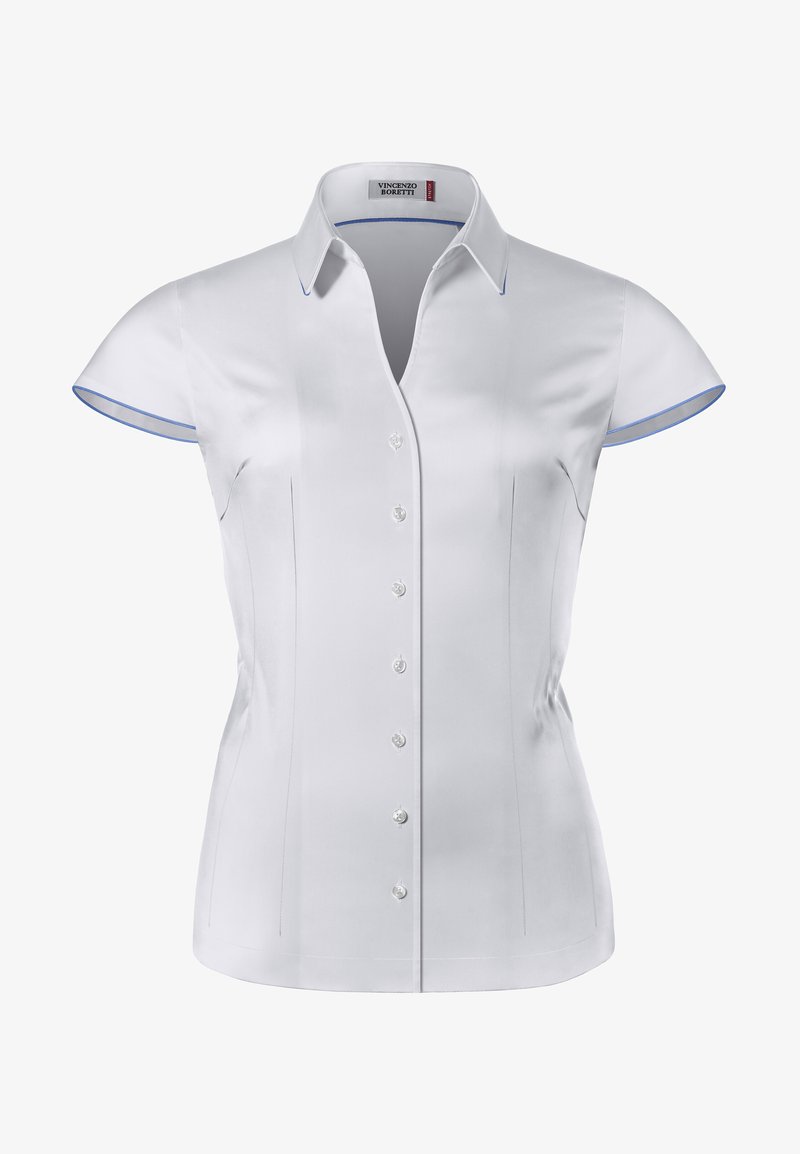 White short-sleeve blouse with a fitted design, button-front closure, and blue accent stitching along the collar and sleeve edges.