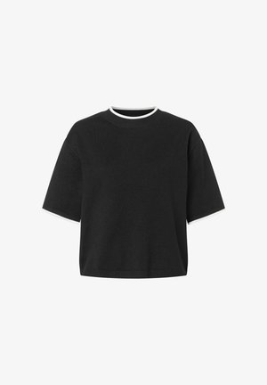 Schwarzer Kurzarm-Pullover mit Rundhalsausschnitt und weißem Akzent. Weiche Textur mit lockerem Schnitt und gerippten Bündchen.