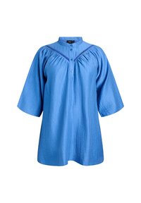 Blue button-up shirt with a mandarin collar, loose fit, textured fabric, short sleeves, and decorative stitching along the neckline.