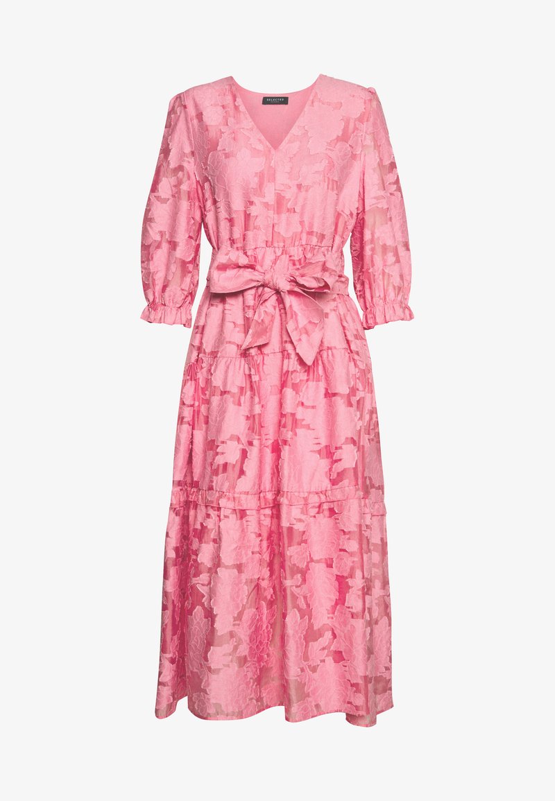 Pink dress with a V-neck, gathered three-quarter sleeves, floral texture, waist tie, and tiered skirt. Made of lightweight fabric.
