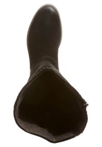 Bottine noire jusqu'au genou avec un extérieur en cuir lisse, bout arrondi, intérieur doux et zip latéral pour un accès facile. Design structuré.