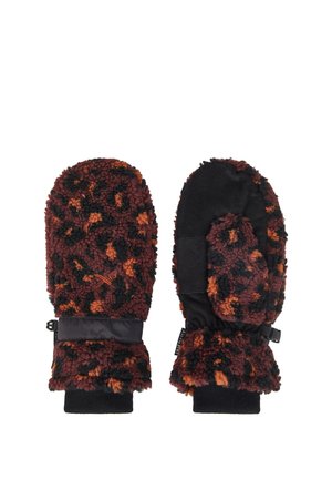 Pair of brown and black fuzzy mittens with orange leopard-like pattern, black wrist cuffs, and clip connectors for attachment.